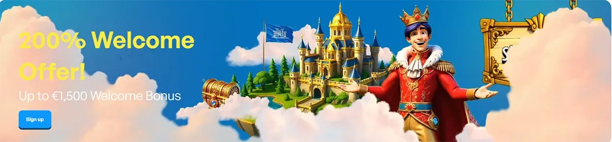 Skyhills Casino welcome bonus banner showing “200% Welcome Offer” and “Up to €1,500 Welcome Bonus,” with a Sign up button, treasure chest, floating castle island, and a crowned mascot beside the Skyhills sign.